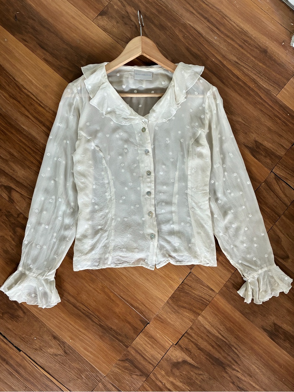 Worthington Cream Sheer Polka Dot Ruffle Blouse Y2K Fairy Feminine Top
